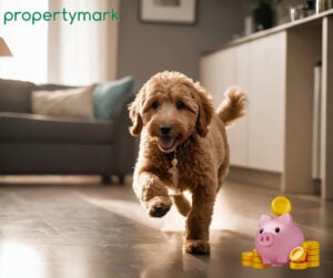 a dog walking in a room beside a piggy bank with money and the Propertymark logo