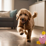 a dog walking in a room beside a piggy bank with money and the Propertymark logo