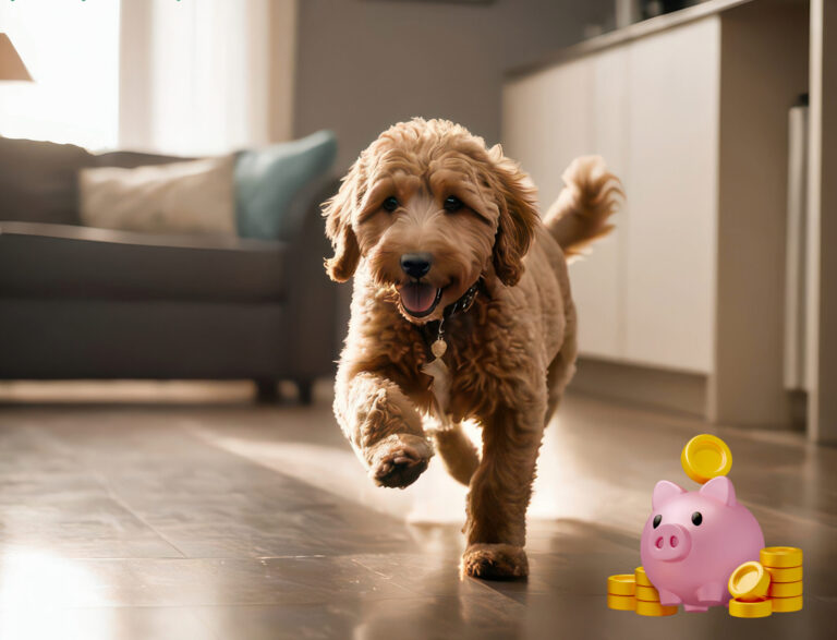 a dog walking in a room beside a piggy bank with money and the Propertymark logo