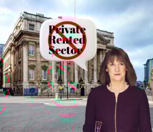 Mansion house and Rachel Reeves with Private Rented Sector in a speech bubbl;e