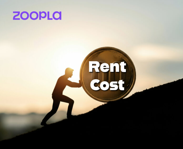 silhouette person rolling a coin up a hill with rent cost wording