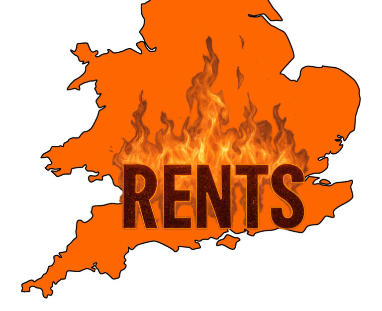 Orange england map with the words rent on fire