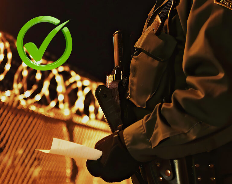 Border patrol torso with high guarded fences and a tick sign