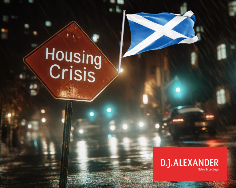 Housing Crisis sign in a rainy surburb and a scottish flag