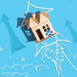 Cardboard house with Scottish flag lifting off like a rocket on blue background with arrows and clouds.