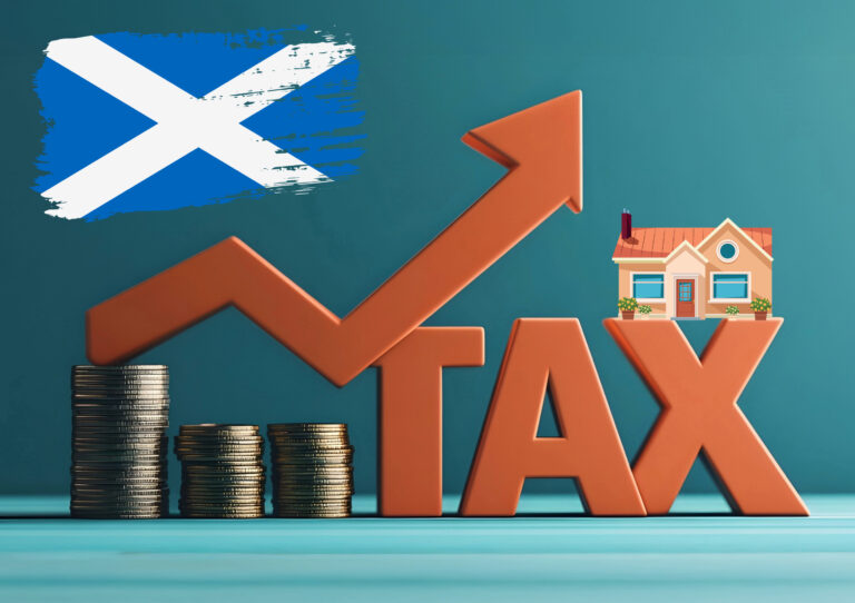Tax word and arrow over coins with a scottish flag