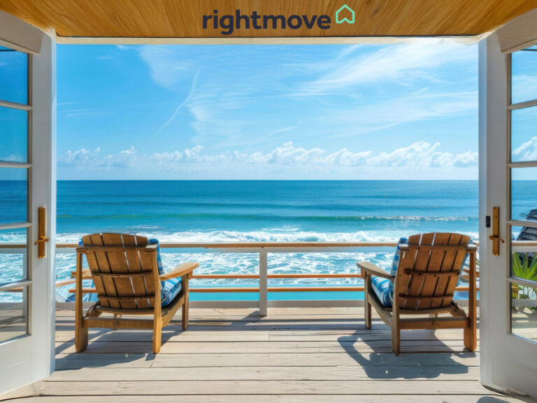 Oceanfront balcony with two chairs overlooking calm blue sea