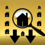 Magnifying glass highlighting a house icon with downward arrows symbolizing a fall in property market activity