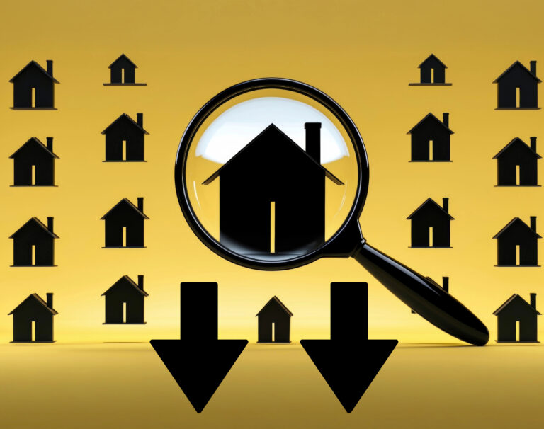 Magnifying glass highlighting a house icon with downward arrows symbolizing a fall in property market activity