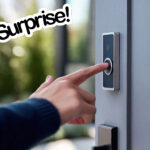 a person ringing a doorbell with the word surprise