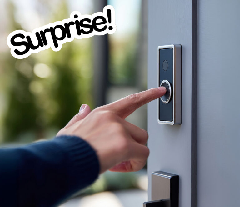 a person ringing a doorbell with the word surprise
