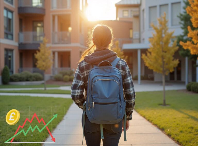 Student walking through university campus at sunset, symbolising rising student rent costs across UK cities