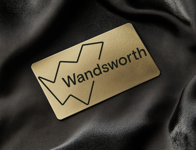 Gold card with wandsworth logo on black silk background
