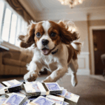 Pet dog running towards UK bank notes