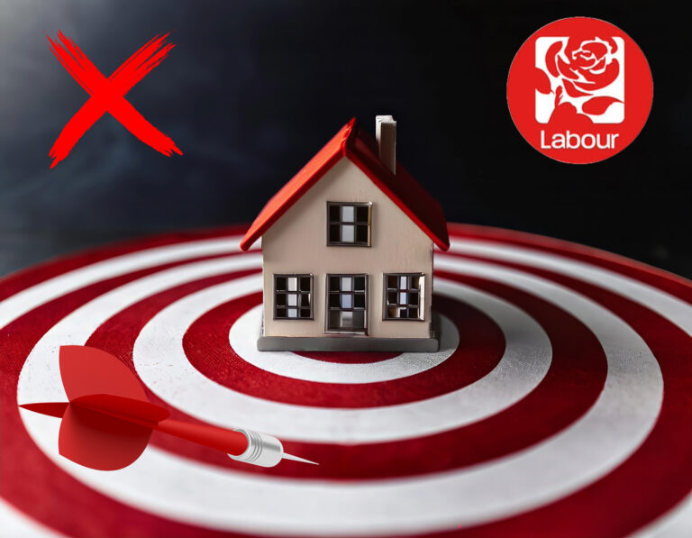 target with house in the middle and a dart not hitting the house and the labour logo