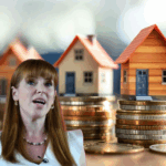 Angela Rayner next to houses stacked up with a pile of money