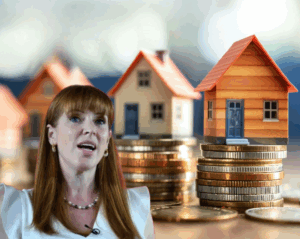 Angela Rayner next to houses stacked up with a pile of money