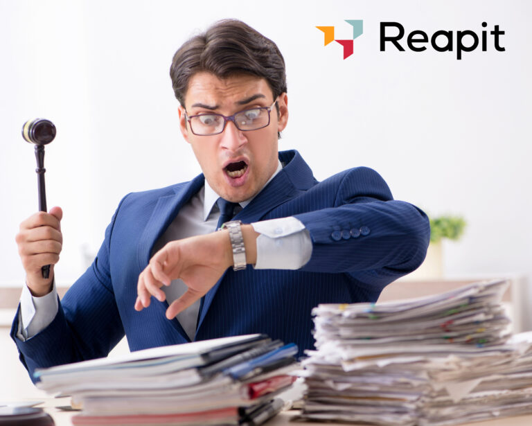 Frustrated businessman checks watch beside court documents, symbolising legal delays