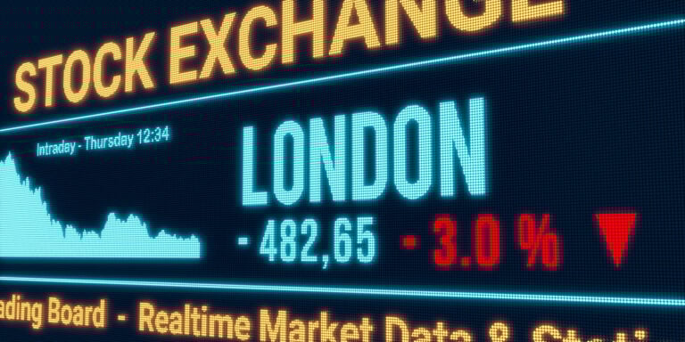 A graphic of a screen showing London, stock market falling with a red downward arrow.