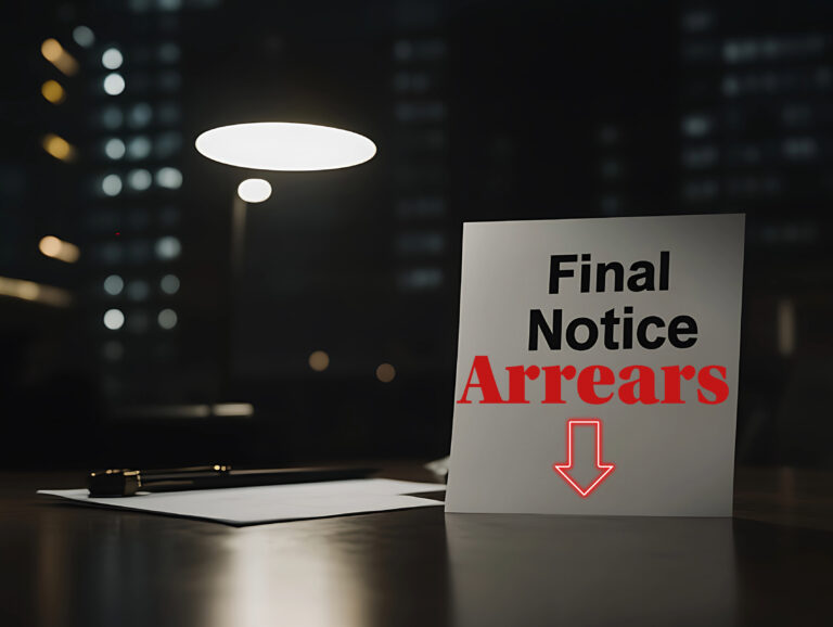 Final notice arrears letter on a desk under lamp light.