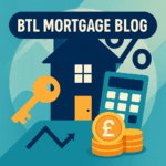 BTL Mortgage Blog featured image showing a house, key, calculator, percentage sign and pound coins on a teal background.