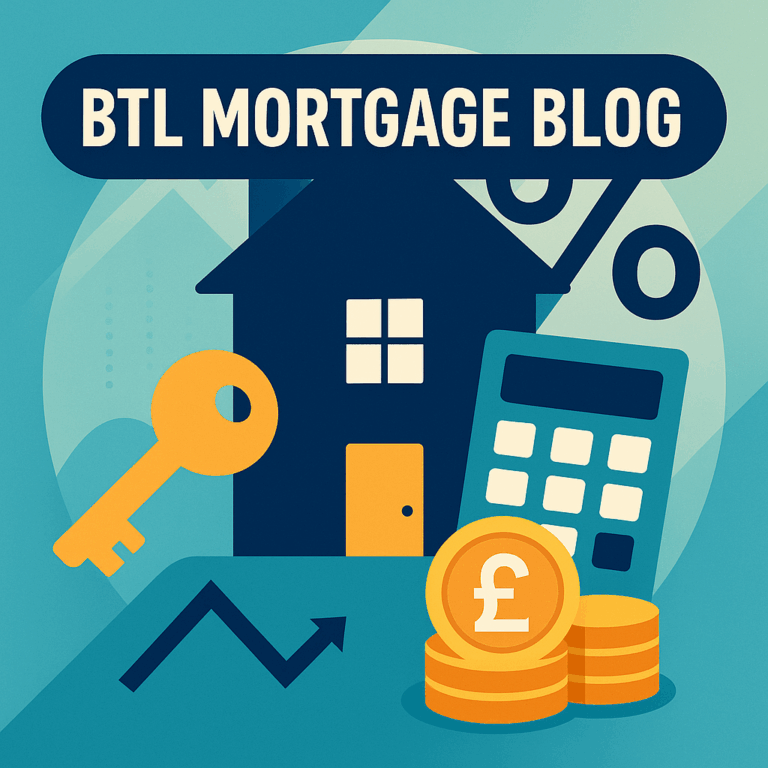 BTL Mortgage Blog featured image showing a house, key, calculator, percentage sign and pound coins on a teal background.