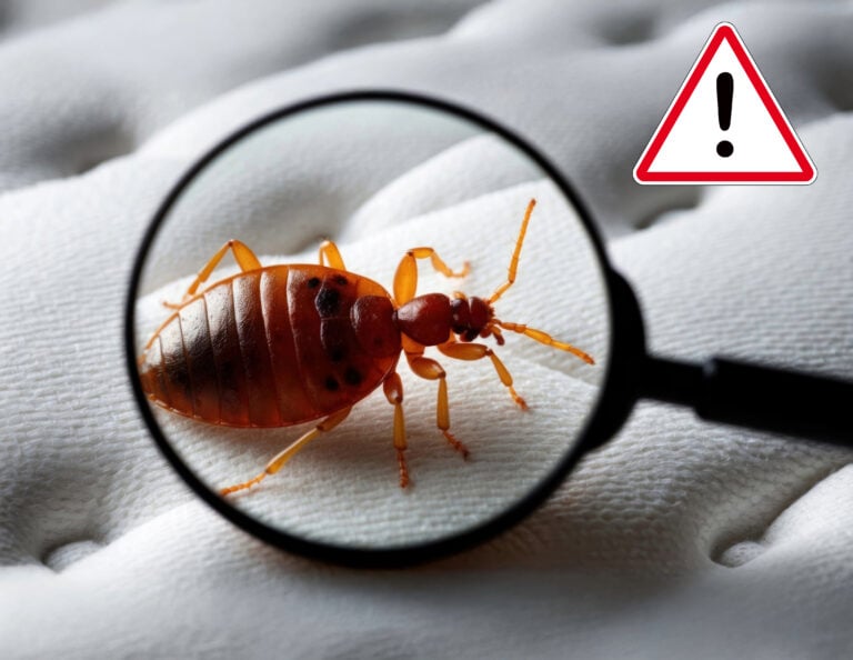 Close-up of a bed bug under magnifying glass on a mattress highlighting infestation warning