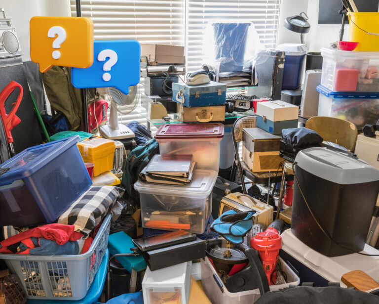 Cluttered room filled with abandoned tenant belongings and storage boxes after eviction.
