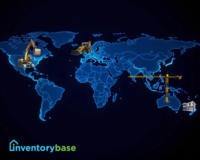 Global map showing construction machinery symbolizing Build to Rent growth in key international markets