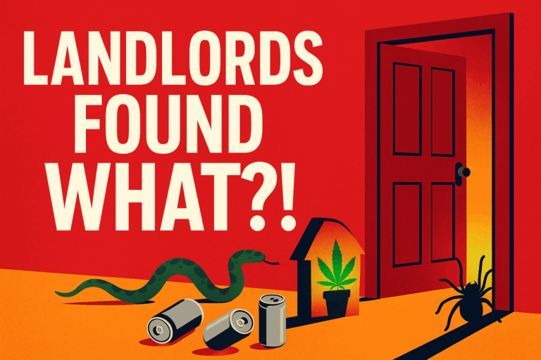 Illustration of strange items spilling from a rental property, including snakes, beer cans, a tarantula and a cannabis plant, with bold text asking “Landlords Found WHAT?!”.
