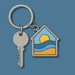Key with house-shaped keyring showing a sun and waves, symbolizing holiday homes and rentals