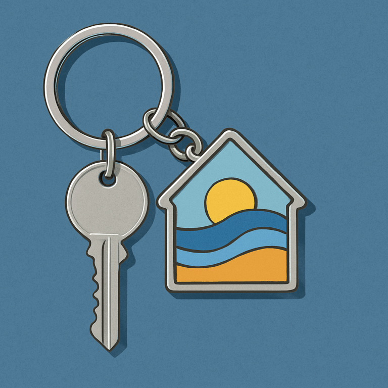 Key with house-shaped keyring showing a sun and waves, symbolizing holiday homes and rentals