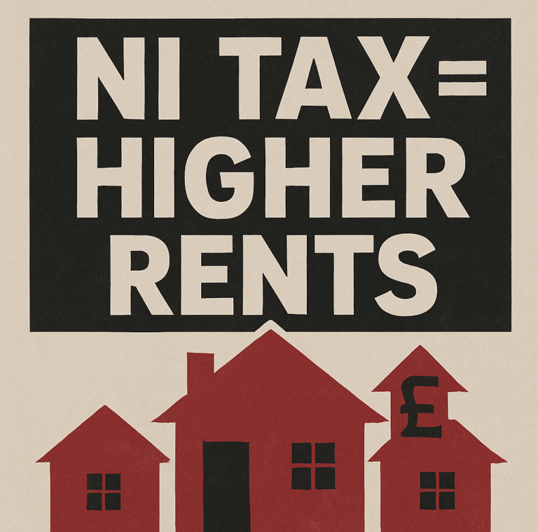 Bold headline over symbolic housing image warning of NI tax impact on rents.