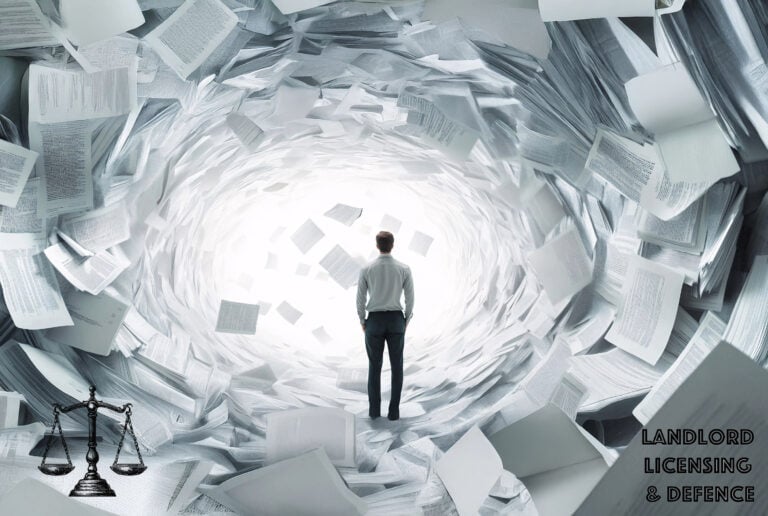 Landlord overwhelmed by endless legal paperwork symbolising rent repayment order challenges