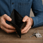 Person holding empty wallet next to house keys, symbolizing landlord financial struggles