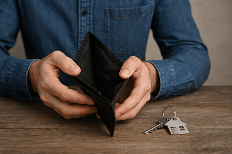 Person holding empty wallet next to house keys, symbolizing landlord financial struggles