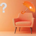 Orange armchair with floating umbrella and question mark symbol on orange background