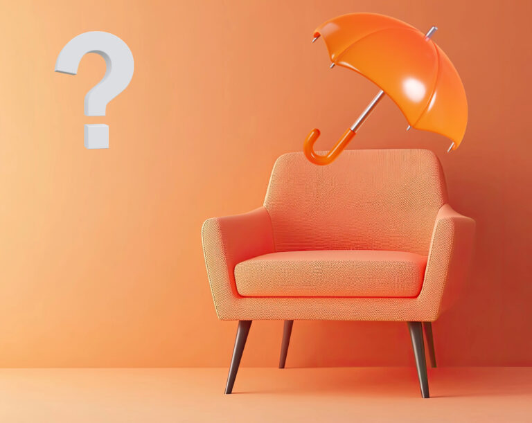 Orange armchair with floating umbrella and question mark symbol on orange background