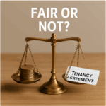 Scales balancing money against a tenancy agreement with text asking if it’s fair