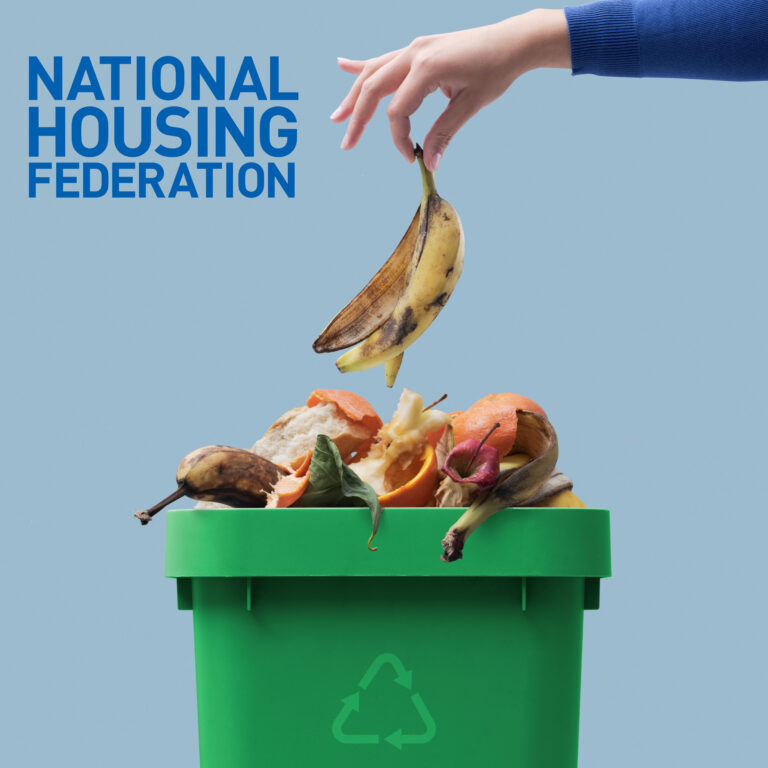 Waste bin with food being dropped in and the National Housing Federation logo