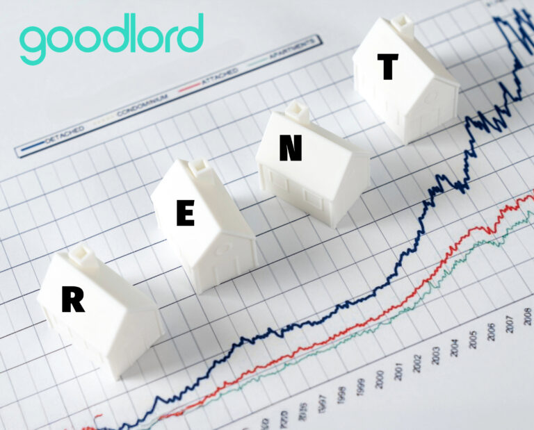 3D houses spelling “RENT” on a rising property market graph showing rent growth trends.