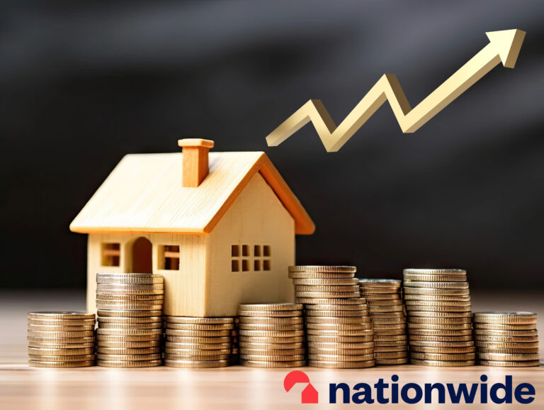 Wooden house with stacked coins and rising arrow symbolizing UK house price growth