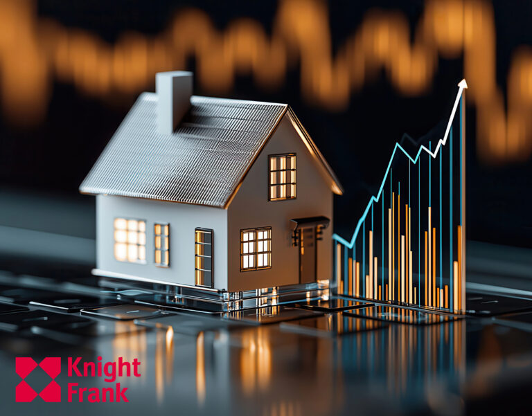 Model house beside rising financial graph symbolising UK housing market recovery.