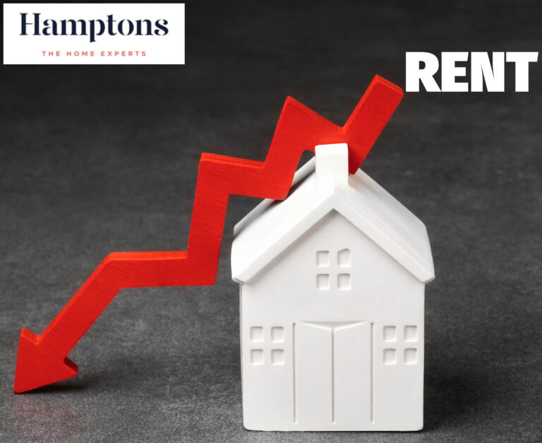 Red arrow showing rent price drop above a white house model with Hamptons branding