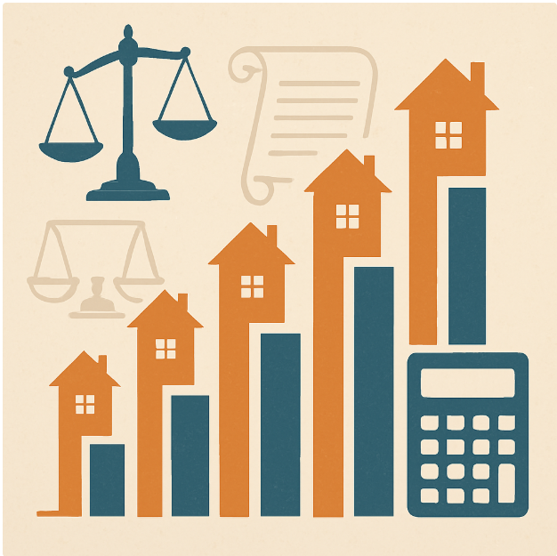 Illustration showing rising property bars, calculator, and legal scales symbolising SDLT savings on multiple property purchases.