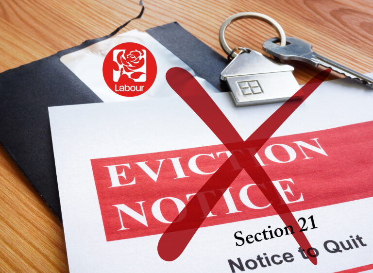Labour campaign against Section 21 eviction notices with keys and housing symbol.