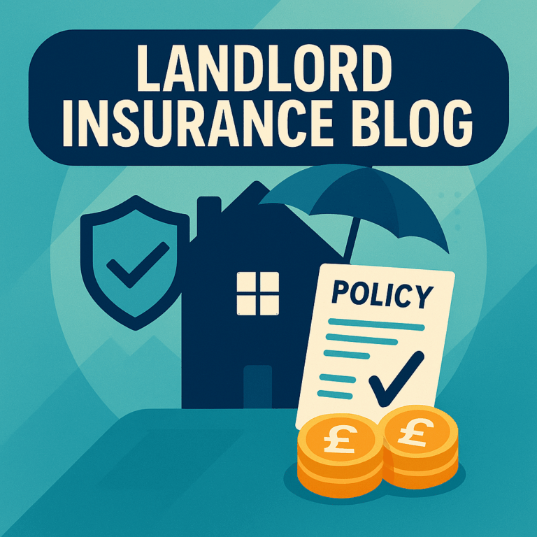 Landlord Insurance Blog featured image showing a house, shield, umbrella, policy document, tick and pound coins on a teal background.