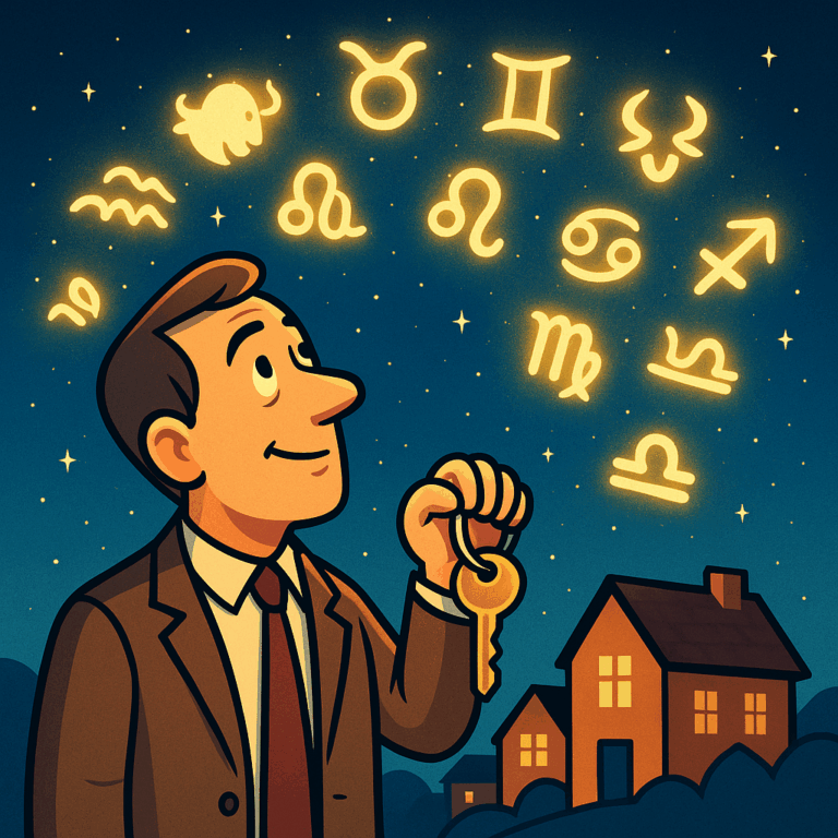 Cartoon landlord holding a golden key, gazing at glowing zodiac symbols in the night sky above houses.