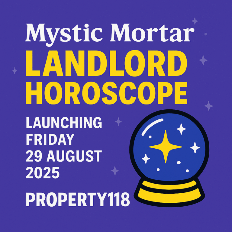 Mystic Mortar landlord horoscope launch image, 29 August 2025, Property118, square cartoon style with crystal ball