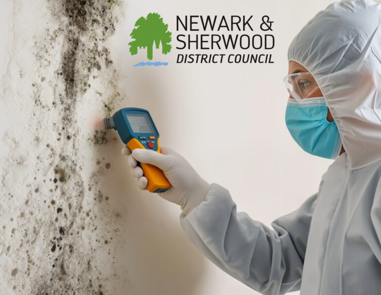 Council worker inspects mould on wall with moisture meter as part of damp investigation.